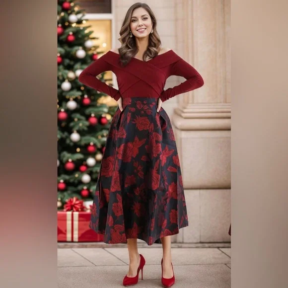 Chicwish Skirts Red Rose Jacquard Aline Skirt Red Black Size